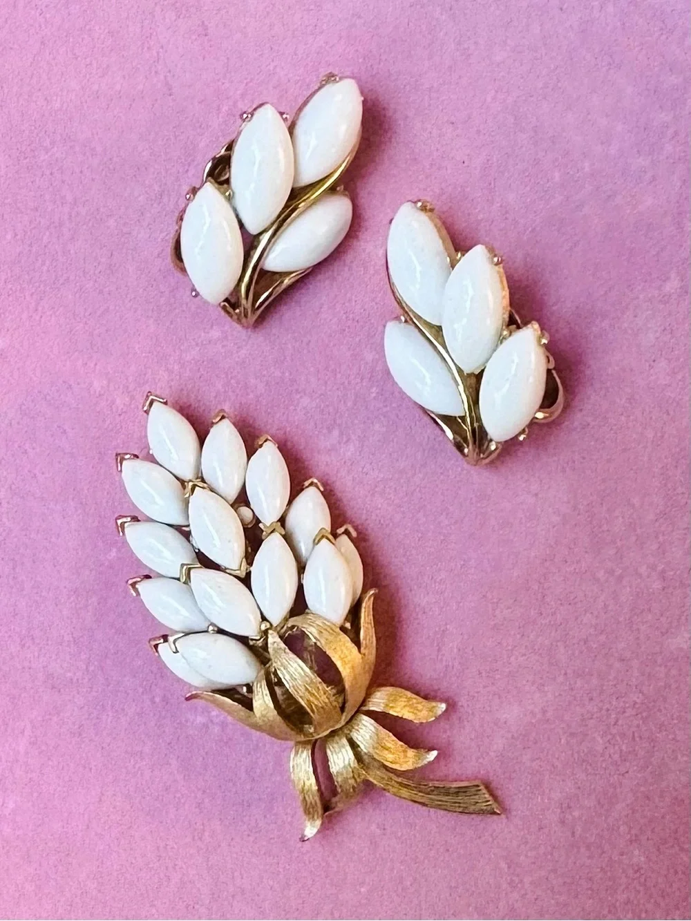 Vintage Crown Trifari Floral Brooch and Clip-On Earrings Set *RARE*